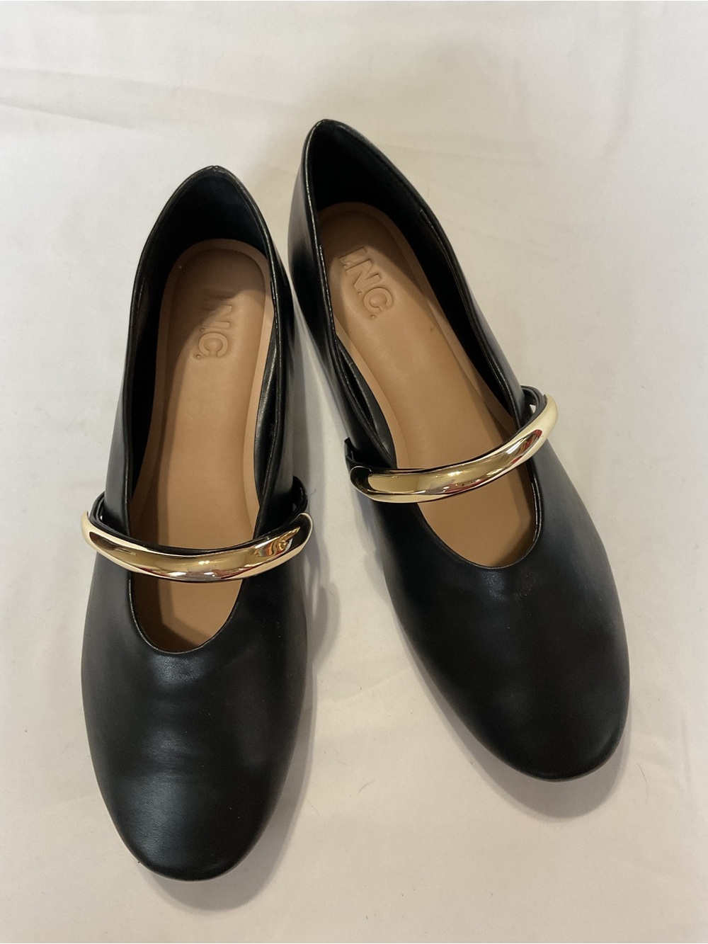 INC International Concepts Black Mary Jane Flats with Gold Bar